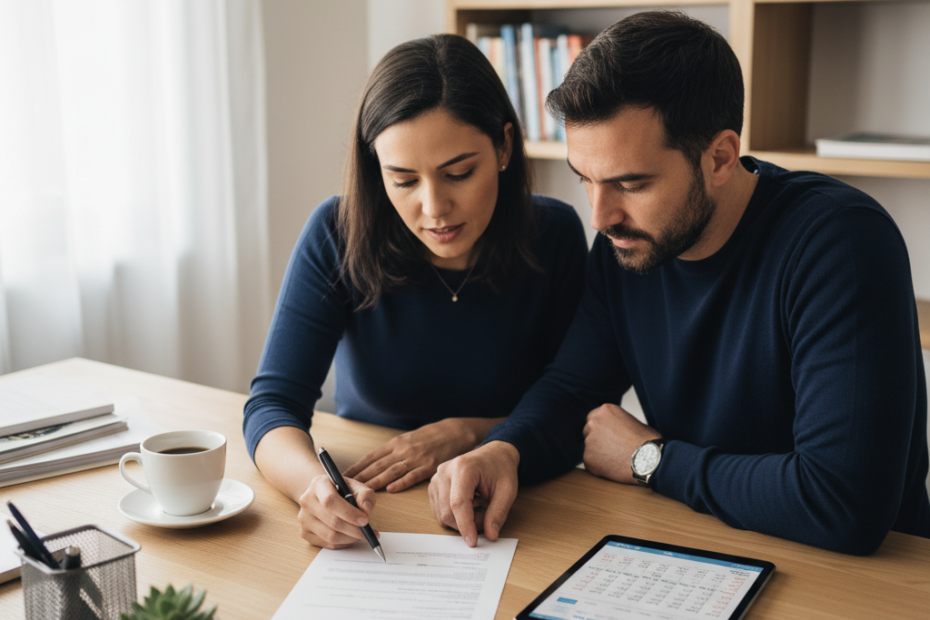 Casal lendo o contrato do plano de saúde sobre uma mesa, com tablet mostrando calendário ao lado