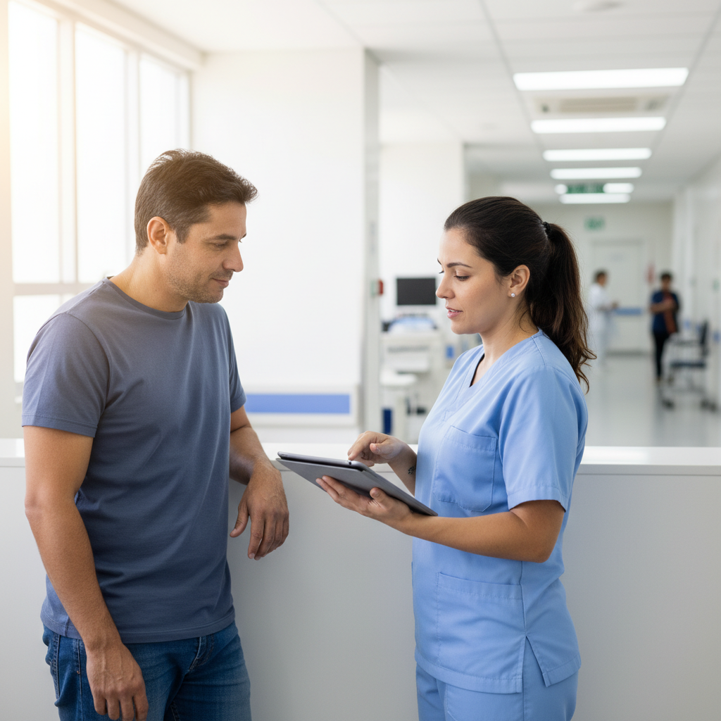 Enfermeira de uniforme azul-claro atendendo paciente em recepção hospitalar com tablet