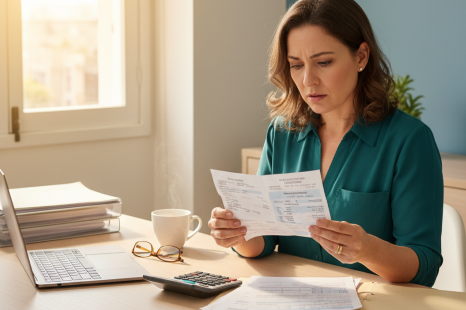 Mulher em home office analisando boleto de plano de saúde com calculadora identificando coparticipação abusiva