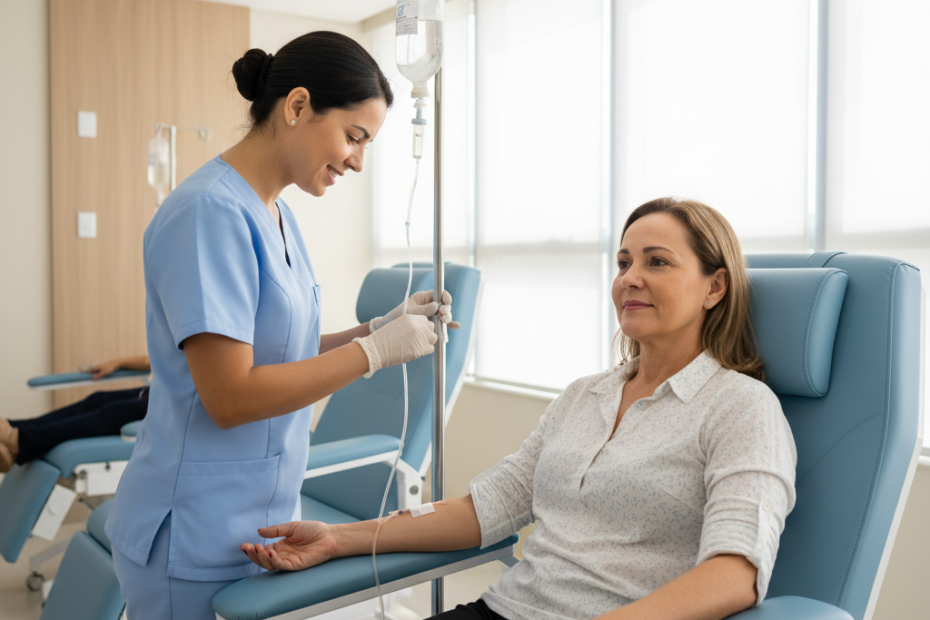 Paciente em clínica recebendo medicamento de alto custo via infusão, com enfermeira ao lado