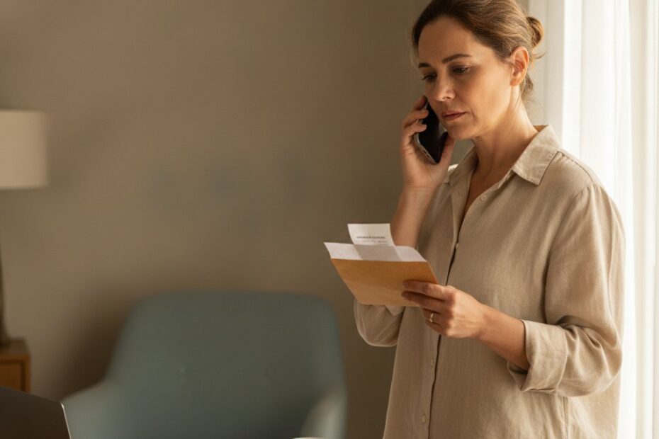 Mulher ao telefone segurando carta de cobrança do plano