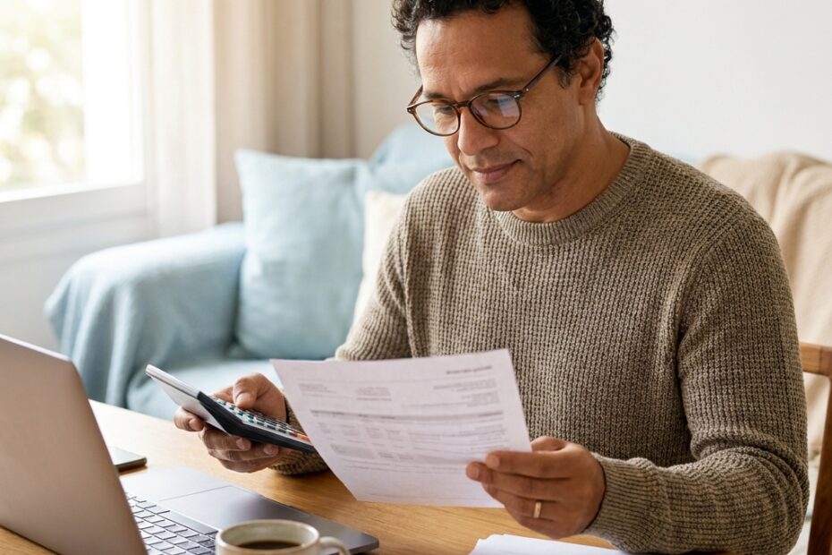 Homem analisando a fatura do plano de saúde com calculadora, conferindo os valores de coparticipação