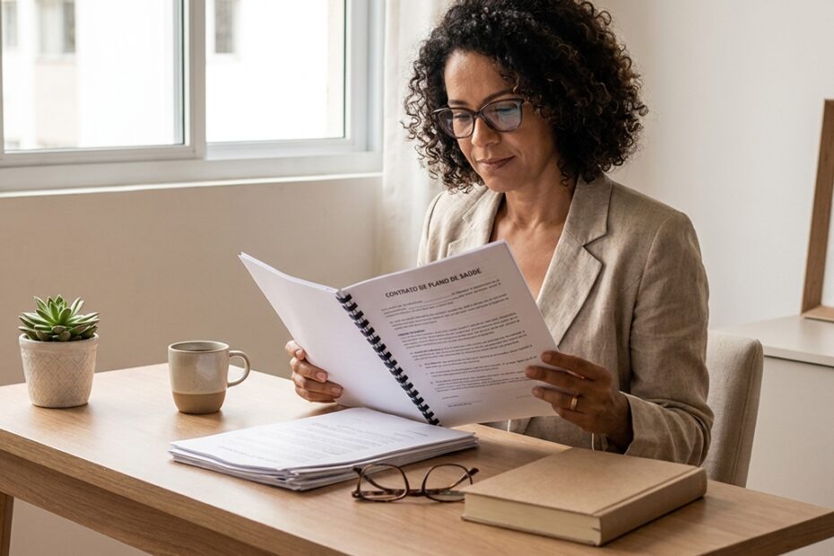 Mulher lendo o contrato do plano de saúde em casa, representando os direitos garantidos pela Lei 9.656/98