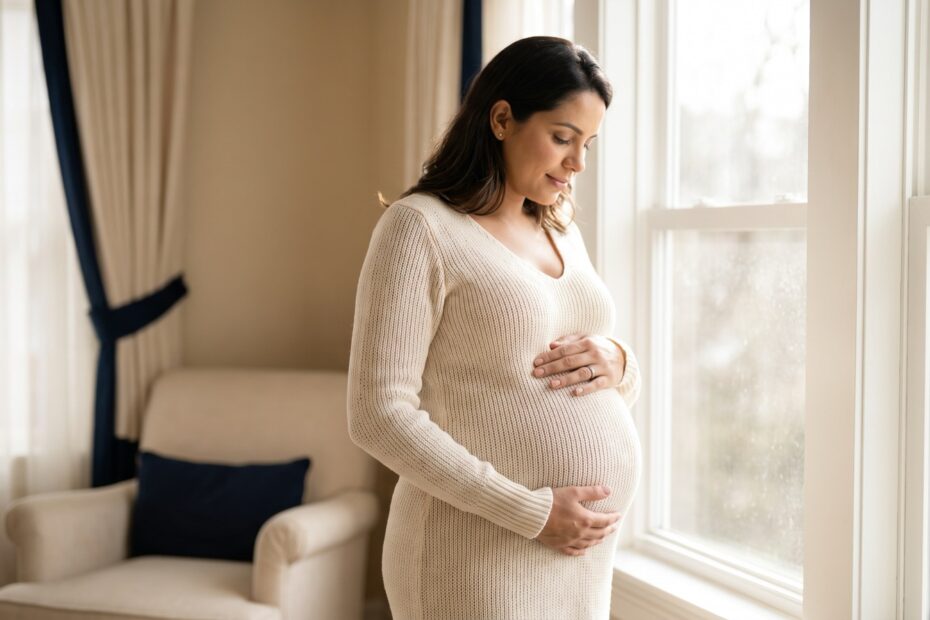 Gestante segurando a barriga perto da janela, aguardando o parto